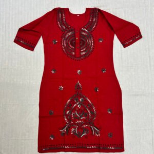 Kantha Work Hand Stitch for Women | 100 % Khadi cotton | Red Kurti with flower Pattern art | K7
