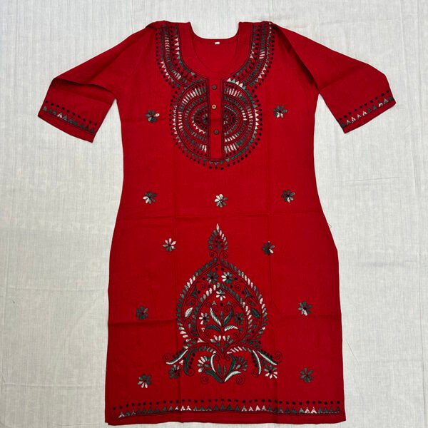 Kantha Work Hand Stitch for Women | 100 % Khadi cotton | Red Kurti with flower Pattern art | K7