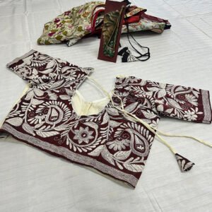 Kantha Stitch Work Handmade White Blouse with brown design