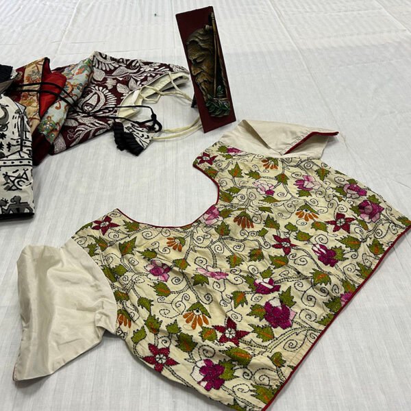 Kantha Stitch Work Handmade White Blouse with floral embroidery