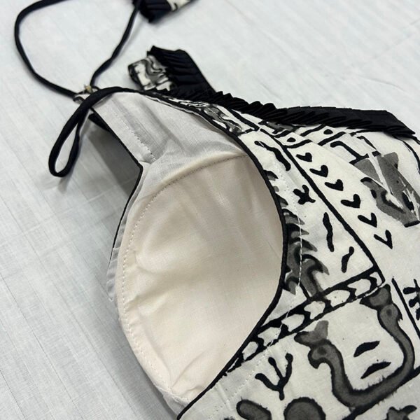Kantha Stitch Work Handmade White Blouse with black stripes - Image 2