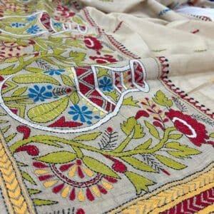 Pure Gachi Tussar Hand stitch Kantha Saree | Khaki Yellow Embroidery