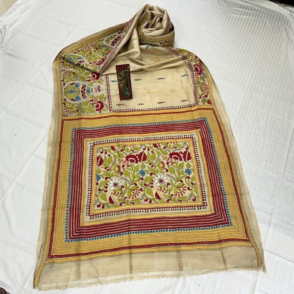 Pure Gachi Tussar Hand stitch Kantha Saree | Khaki Yellow Embroidery - Image 3