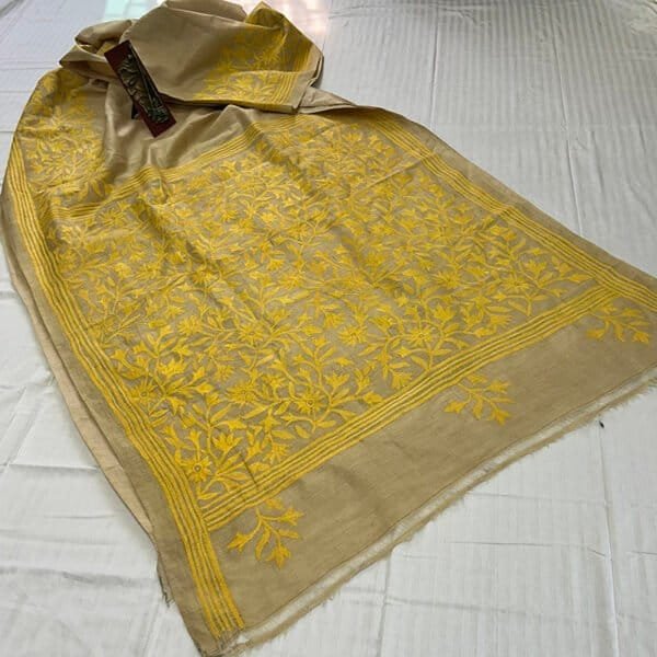 Pure Gachi Tussar Hand stitch Kantha Saree | Yellow Floral Embroidery - Image 3