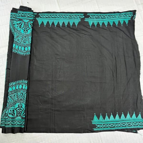 Pure Bangalore Silk Hand stitch Kantha Saree | Classy Black and Sky Blue Alpona Embroidery - Image 4