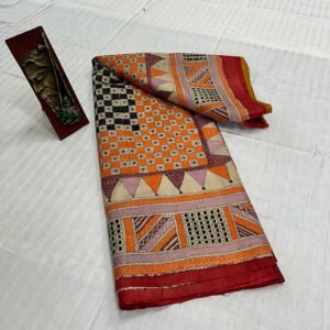 Hand stitch Kantha Saree | 100 % Vidarbha Tussar with Dye | Classy Sweet Orange Alpona Embroidery