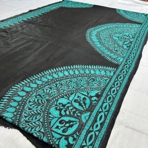 Pure Bangalore Silk Hand stitch Kantha Saree | Classy Black and Sky Blue Alpona Embroidery