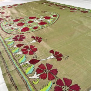Pure Bishnupuri Silk Hand stitch Kantha Saree | Floral Alpona Embroidery