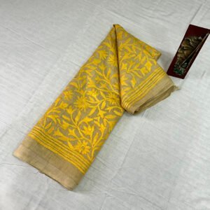 Pure Gachi Tussar Hand stitch Kantha Saree | Yellow Floral Embroidery