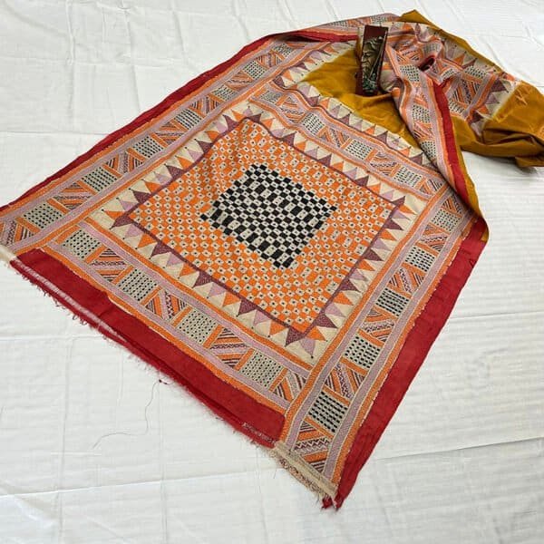 Hand stitch Kantha Saree | 100 % Vidarbha Tussar with Dye | Classy Sweet Orange Alpona Embroidery - Image 3