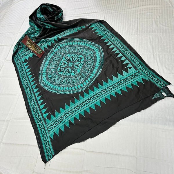 Pure Bangalore Silk Hand stitch Kantha Saree | Classy Black and Sky Blue Alpona Embroidery - Image 3
