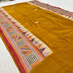 Hand stitch Kantha Saree | 100 % Vidarbha Tussar with Dye | Classy Sweet Orange Alpona Embroidery