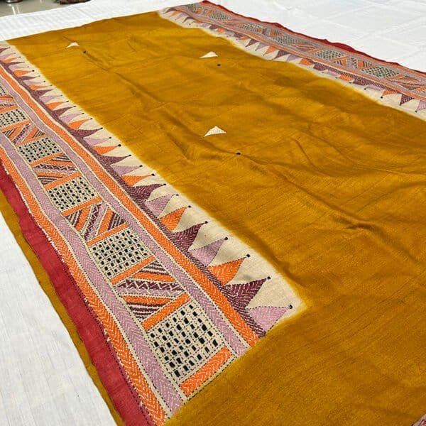 Hand stitch Kantha Saree | 100 % Vidarbha Tussar with Dye | Classy Sweet Orange Alpona Embroidery - Image 2