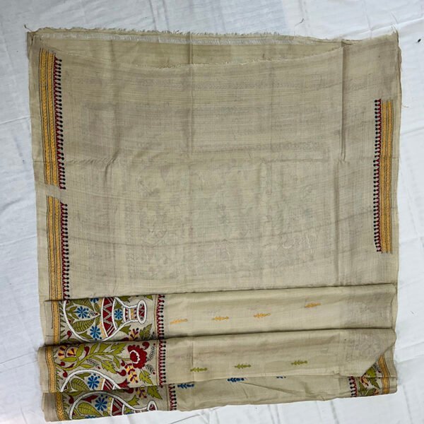Pure Gachi Tussar Hand stitch Kantha Saree | Khaki Yellow Embroidery - Image 4