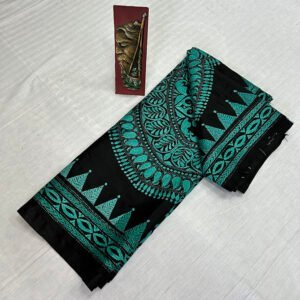 Pure Bangalore Silk Hand stitch Kantha Saree | Classy Black and Sky Blue Alpona Embroidery