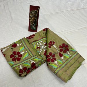 Pure Bishnupuri Silk Hand stitch Kantha Saree | Floral Alpona Embroidery