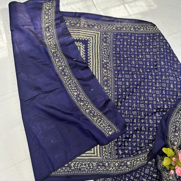 Kantha Work Handmade Pure Bangalore Silk Saree with Blouse Piece | Classy Blue and Golden Pattern Design - Image 3