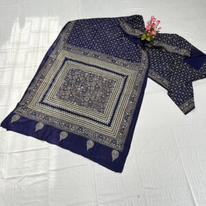 Kantha Work Handmade Pure Bangalore Silk Saree with Blouse Piece | Classy Blue and Golden Pattern Design