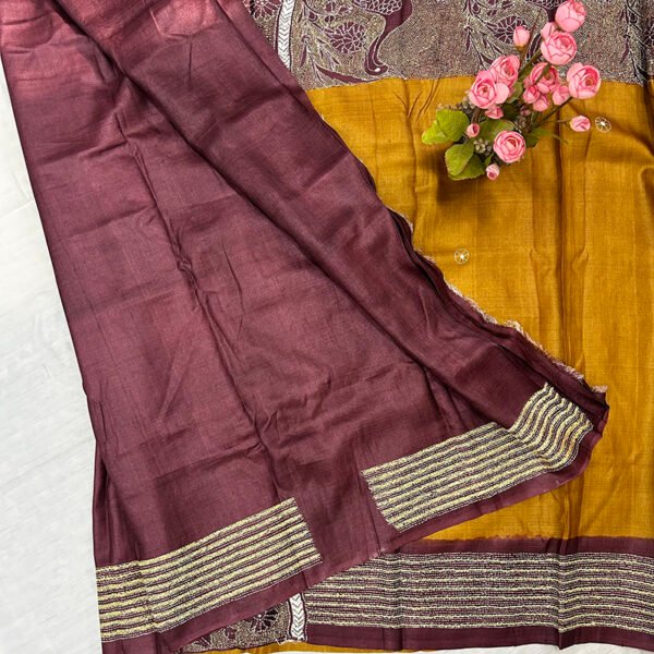 Kantha Work Handmade Pure Tussar Silk Saree with Blouse Piece | Classy Red-Yellow flower bird Pattern Design - Image 4