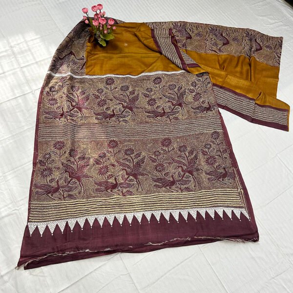 Kantha Work Handmade Pure Tussar Silk Saree with Blouse Piece | Classy Red-Yellow flower bird Pattern Design - Image 3