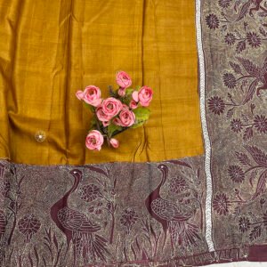 Kantha Work Handmade Pure Tussar Silk Saree with Blouse Piece | Classy Red-Yellow flower bird Pattern Design