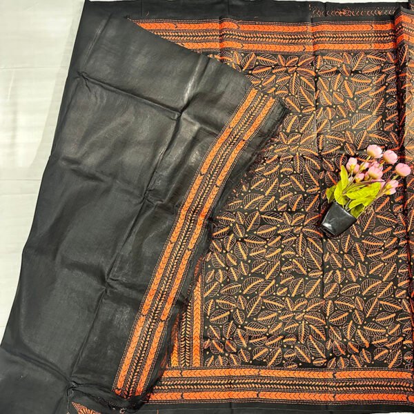 Kantha Work Handmade Pure Bishnupuri Silk Saree with Blouse Piece | Classy Black and Orange Premium Pattern Design - Image 4