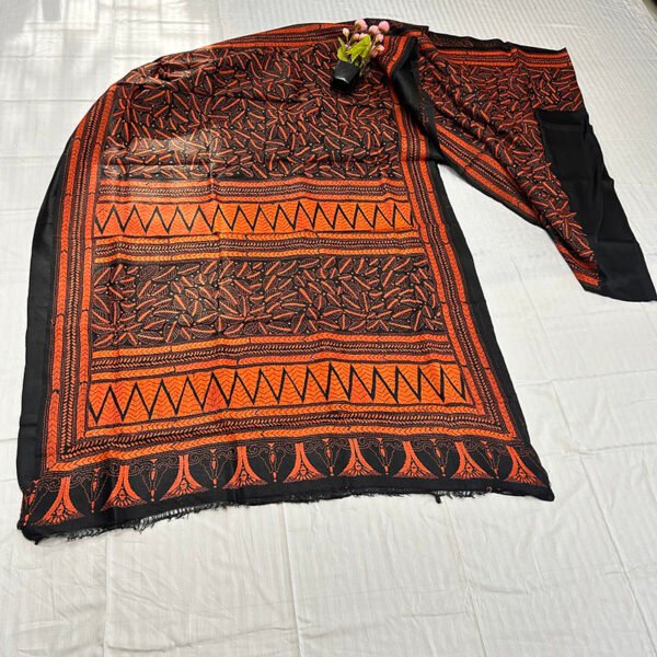 Kantha Work Handmade Pure Bishnupuri Silk Saree with Blouse Piece | Classy Black and Orange Premium Pattern Design - Image 3