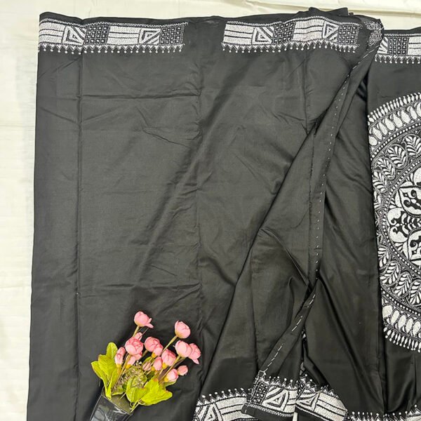 Kantha Work Handmade Pure Bangalore Silk Saree with Blouse Piece | Classy Black and White Pattern Design - Image 4