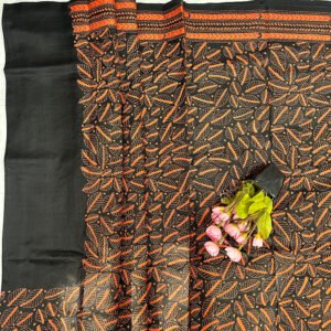 Kantha Work Handmade Pure Bishnupuri Silk Saree with Blouse Piece | Classy Black and Orange Premium Pattern Design
