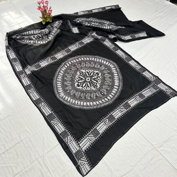 Kantha Work Handmade Pure Bangalore Silk Saree with Blouse Piece | Classy Black and White Pattern Design - Image 3