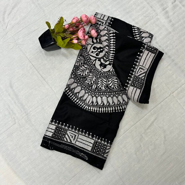 Kantha Work Handmade Pure Bangalore Silk Saree with Blouse Piece | Classy Black and White Pattern Design - Image 2