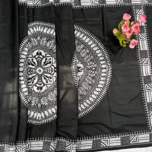 Kantha Work Handmade Pure Bangalore Silk Saree with Blouse Piece | Classy Black and White Pattern Design