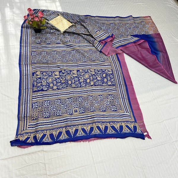 Kantha Work Handmade Pure Tussar Saree with Blouse Piece | Pattern Design Blue-Lavendar Saree - Image 3
