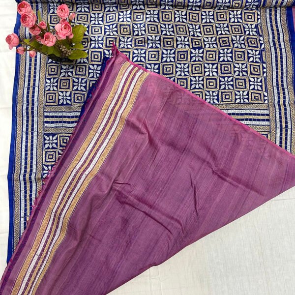 Kantha Work Handmade Pure Tussar Saree with Blouse Piece | Pattern Design Blue-Lavendar Saree - Image 4