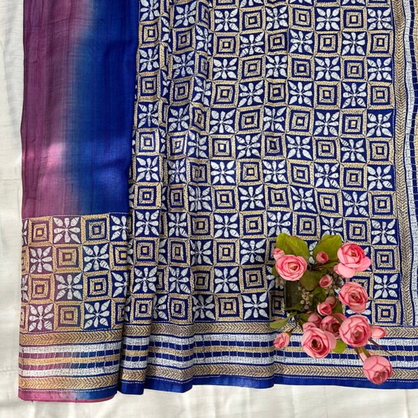 Kantha Work Handmade Pure Tussar Saree with Blouse Piece | Pattern Design Blue-Lavendar Saree