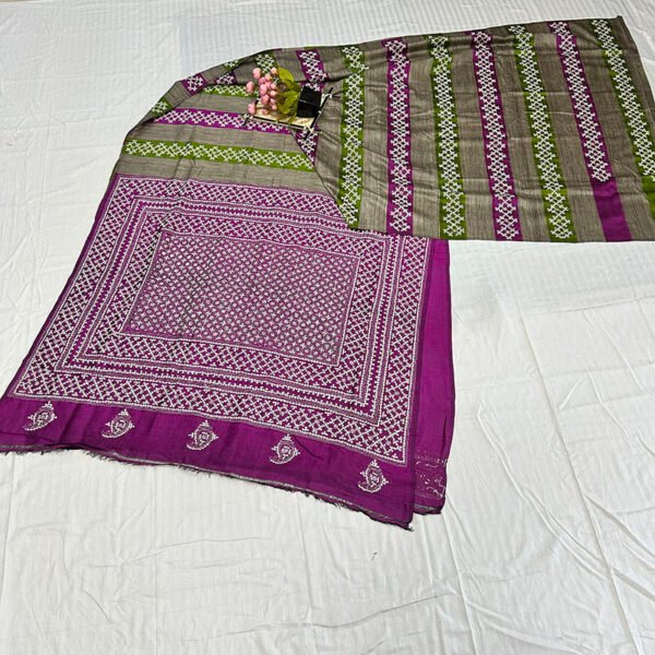 Kantha Work Handmade Pure Silk Saree with Blouse Piece | Pink and leaf green pattern design - Image 2