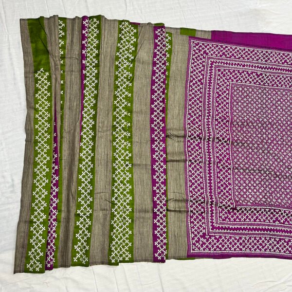 Kantha Work Handmade Pure Silk Saree with Blouse Piece | Pink and leaf green pattern design - Image 3