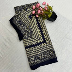 Kantha Work Handmade Pure Bangalore Silk Saree with Blouse Piece | Classy Blue and Golden Pattern Design