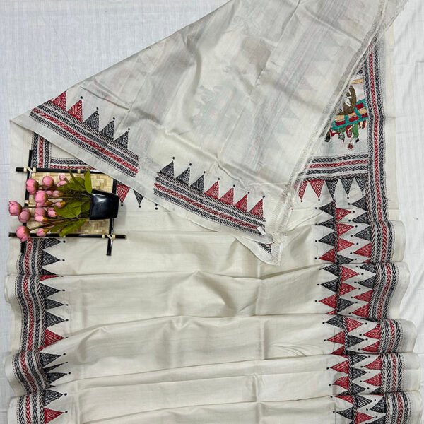 Premium Hand Stitch Pure Bishnupuri Silk Saree with Blouse Piece | Premium Village Cart Art Texture | S16 - Image 4
