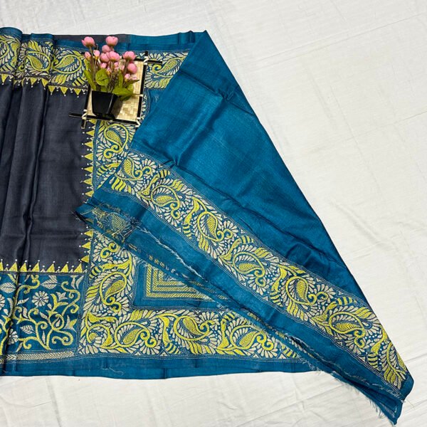 Premium Hand Stitch Dyed Tussar Silk Saree with Blouse Piece | Expensive Art Texture | S15 - Image 4