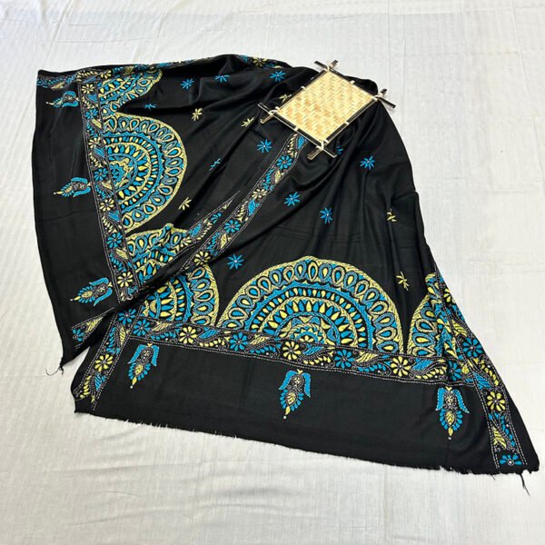 Kantha Work Handmade Soft Shawl | Classy Black with Blue and Yellow mandala art | SHL1