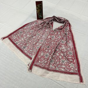 Handcrafted Kantha Work Stole | Mixed Silk | Pink White Floral Design