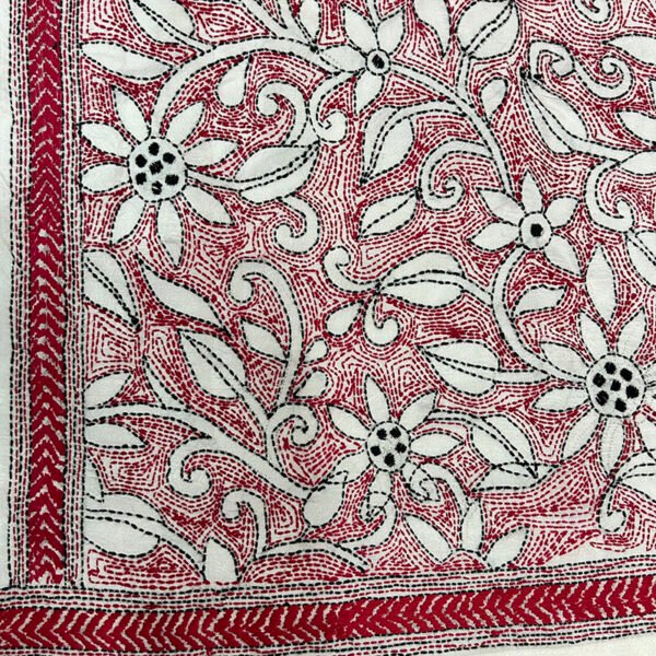 Handcrafted Kantha Work Stole | Mixed Silk | Pink White Floral Design - Image 2