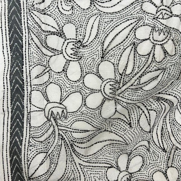 Handcrafted Kantha Work Stole | Mixed Silk | BnW floral Design - Image 2