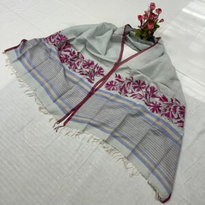 Kantha Work Handmade Cotton Dupatta | 100% Khadi Cotton | Pink on Grey Floral Pattern