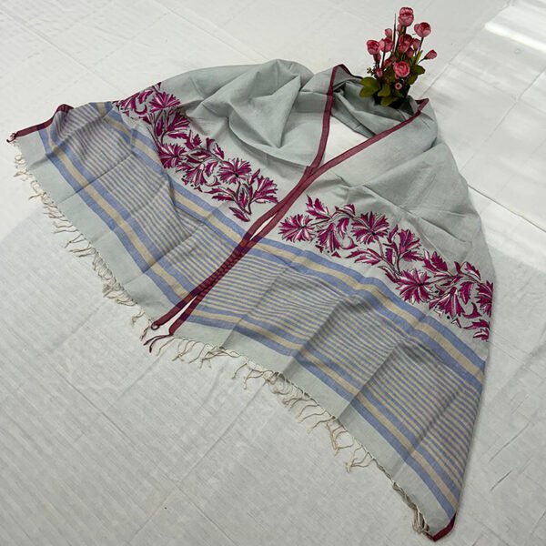 Kantha Work Handmade Cotton Dupatta | 100% Khadi Cotton | Pink on Grey Floral Pattern