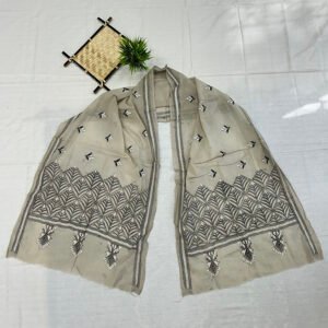 Kantha Work Handmade Cotton Dupatta | 100% Khadi Cotton | Grey Floral Pattern