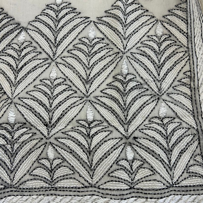 Kantha Work Handmade Cotton Dupatta | 100% Khadi Cotton | Grey Floral Pattern 4 Kantha Work Handmade Cotton Dupatta | 100% Khadi Cotton | Grey Floral Pattern - Image 2