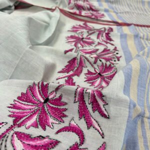 Kantha Work Handmade Cotton Dupatta | 100% Khadi Cotton | Pink on Grey Floral Pattern