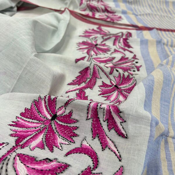 Kantha Work Handmade Cotton Dupatta | 100% Khadi Cotton | Pink on Grey Floral Pattern - Image 2